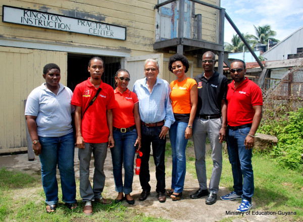 From left are: Miss Barker (Headmistress K.P.I.C), Yancey Haywood (Digicel Project Coordinator) , Michelle Hyman (Operations Manager – Customer Care), Minister of Education – Dr. Rupert Roopnaraine, Jacqueline James (Head of Marketing), Sherwyn Osborne (Head of Customer Care) & Ramesh Rupchand (Advertising Manager).