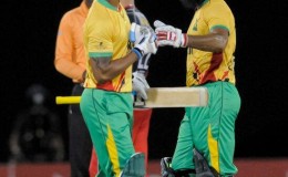 Lendl Simmons (left) and Assad Fudadin opened the batting for the hosts. Fudadin went for 9, Simmons stuck around!