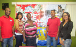 Three of the winners (from left to right) Bunita Singh, Jean Benjamin and Shailendra Arjune are accompanied by TRINCHLORO’s Manager, Padma Prashad (right) and Consumer Goods Brand Rep. Randal Gibbs (left).