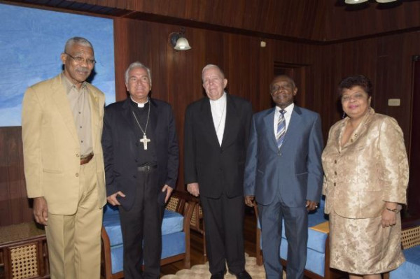 From left are President David Granger; Archbishop Nicola Girasoli; Bishop of Georgetown, Reverend Francis Alleyne; Minister of Foreign Affairs, Carl Greenidge and Minister of Social Cohesion, Amna Ally. (GINA photo)
