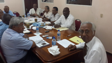 Head of the major sugar unions Kenneth Joseph of NACCIE, Komal Chand of GAWU, Seepaul Narine of GAWU and Carvil Duncan of the GLU during their meeting with members of the Commission of Inquiry, including  Chairman Vibert Parvatan (right)