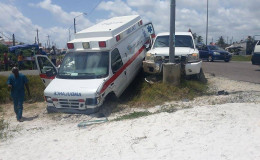 Two persons were injured after the St Joseph Mercy Hospital ambulance and the pick-up truck collided along the Better Hope Public Road yesterday.
(See story on page 20)