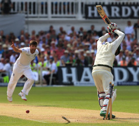 Australia batsman Nathan Lyon is bowled by England bowler Mark Wood to win the 4th test match and the Ashes during day three of the Fourth Investec Ashes Test at Trent Bridge, Nottingham.