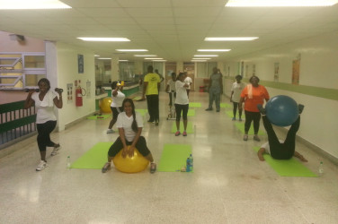 Members of the GPHC fitness club during their first workout yesterday.