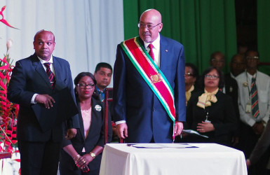 Suriname’s President Desi Bouterse, re-elected to a second, five-year term, attends his swearing-in ceremony in Paramaribo, Suriname, Wednesday, Aug. 12, 2015. 