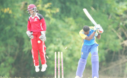 Shamelia Connell is dismissed by Kirbyina Alexander in the Regional Women’s Super50 Tournament yesterday at the National Cricket Centre. Photo by WICB Media/Ashley Allen