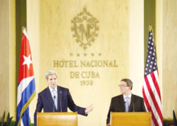 U.S. Secretary of State John Kerry (L) and Cuba's Foreign Minister Bruno Rodriguez hold a joint news conference in Havana, Cuba, August 14, 2015. Reuters/Pablo Martinez Monsivais/Pool