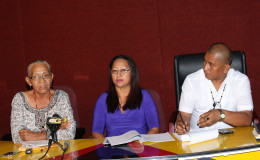 Former Minister of Amerindian Affairs Pauline Sukhai (centre) flanked by Yvonne Pearson (left) and Allister Charlie of Region Nine