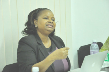 Minister of Social Protection Volda Lawrence addressing the meeting 