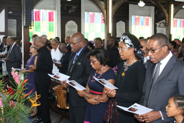  (From left to right) First Lady Sandra Granger, President David Granger, Nigel Hughes, Cathy Hughes, Elizabeth Hughes, and Stuart Hughes at the thanksgiving service for the late Christobel Hughes, which was held at St. Andrew’s Kirk yesterday. (Photo by Keno George)