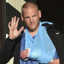 US Airman Spencer Stone leaving the clinic where he was treated for knife wounds