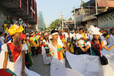 Guyana Masqueraders on the streets of Port-au-Prince wending their way to the opening Ceremony. Photo courtesy to the Department of Culture, Youth and Sport)