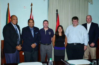 Vice President and Prime Minister, Moses Nagamootoo (second from left) and Minister of Governance, Raphael Trotman (left) received a delegation from the U.S House of Representatives Committee on Foreign Affairs comprising Mark Walker, Sadaf Khan and Tom Alexander. The meeting took place in the Committee Room of Parliament Buildings. The delegation was accompanied by Charge d’ Affaires of the US Embassy, Bryant Hunt (second from right). GINA said that the two sides reaffirmed the strong bonds between the United States and the Republic of Guyana, and expressed confidence that cooperation between the two States will deepen. (GINA photo)