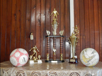 The championship trophy (centre) and other prizes in the RDE Vibes and Sparta Boss ‘King of the Streets’ Football Tourney   