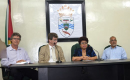 From left are Chris Spies, International Facilitator for the Ministry of Social Cohesion’s Roundtable; British High Commissioner, Greg Quinn; Minister of Social Cohesion, Amna Ally and Local Facilitator for the Roundtable, Lawrence Lachmansingh. (GINA photo)