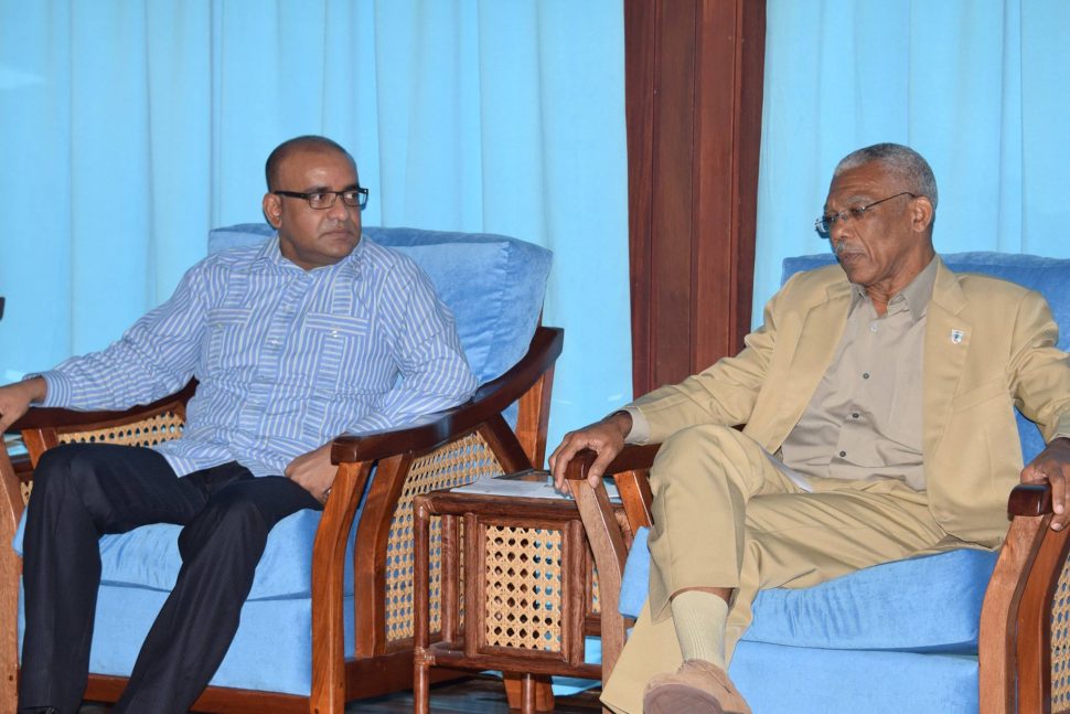 File Photo: 2015 - President David Granger (right) with Opposition leader Bharrat Jagdeo at the Ministry of the Presidency.