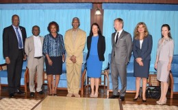 From L-R- are Minister of State, Joseph Harmon; Minister of Foreign Affairs, Carl Greenidge; United Nations Development Programme (UNDP), Country Representative, Khadija Musa; President David Granger; Chief, Americas Division in the Department of Political Affairs, Martha Doggett; Senior Mediation Expert from the Office of the Special Envoy for Syria, Sven Koopmans; Political Affairs Officer, Marylene Smeets and Legal Officer from the UN Office of Legal Affairs, Diana Taratukhina at the Ministry of the Presidency (Ministry of the Presidency photo)
