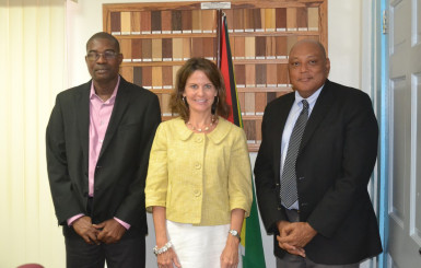 Deputy Assistant Secretary for Energy Diplomacy, Robin Dunnigan (centre) with Minister of Governance, Raphael Trotman (right) and Minister of Infrastructure, David Patterson. (Ministry of the Presidency photo)   