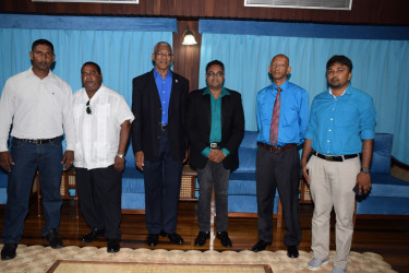 From left are Tage Singh, Dr. Alexander Sinclair, President David Granger, Imran Saccoor, Pradeep Bachan and Hardat Malchande (Ministry of the Presidency photo)                                                       
