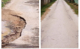 Before and after: The main access road to North Annandale has been resurfaced to ensure proper access to over 200 residential homes in the community, according to the Public Infrastructure Ministry. The Ministry said the double bituminous surface treatment road was rehabilitated by construction company K.B&B at a cost of $4.3M and it was completed a few weeks ago. (Public Infrastructure Ministry photo)