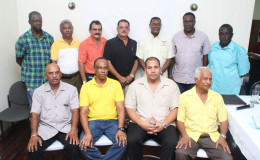 The New Executive of the Guyana Gold and Diamond Miners Association (GGDMA). In back row (from left) are committee members Conrad Saint Romain and Hilbert Shields, Organising Secretary Charles DaSilva, committee member Alfro Alphonso, Immediate Past President Patrick Harding and committee member Shawn Hopkinson. Seated (from left) are Secretary Mahendra Persaud, President Terrence Adams, Vice-President Andron Alphonso, and Treasurer Azeem Baksh.
