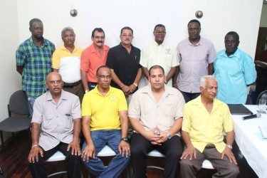 The New Executive of the Guyana Gold and Diamond Miners Association (GGDMA). In back row (from left) are committee members Conrad Saint Romain and Hilbert Shields, Organising Secretary Charles DaSilva, committee member Alfro Alphonso, Immediate Past President Patrick Harding and committee member Shawn Hopkinson. Seated (from left) are Secretary Mahendra Persaud, President Terrence Adams, Vice-President Andron Alphonso, and Treasurer Azeem Baksh. 