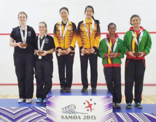 Guyana’s Larissa Wiltshire and Taylor Fernandes on the medal podium Commonwealth Youth Games which concluded Thursday night in Samoa.