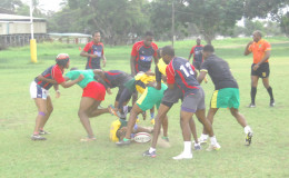 Rugby action during the 10 a-side pre-season game yesterday at the National Park.