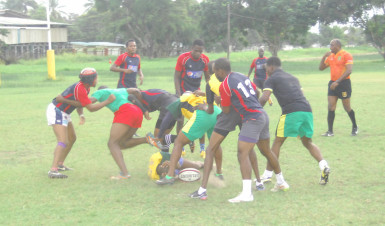 Rugby action during the 10 a-side pre-season game yesterday at the National Park. 