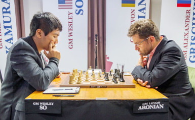 The winner of the elegant Sinquefield Chess Tournament, Armenian grandmaster Levon Aronian (right), during his game with Wesley So of the US. World Champion Magnus Carlsen finished in third place. It was an Aronian comeback tournament victory, him not having one in a while. Following his excellent win over So, Aronian said he played in the style of Lenoid Stein, a three-time Russian champion. At one time, Aronian was the number 2 chess player in the world.