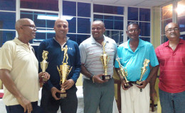 From left to right; winners Roy Cummings, Patanjalee Persaud, Troy Cadogan, Patrick Prashad and LGC President ‘Shyam’ Ramroop.
