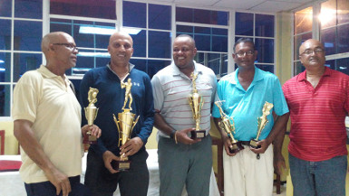 From left to right; winners Roy Cummings, Patanjalee Persaud, Troy Cadogan, Patrick Prashad and LGC President ‘Shyam’ Ramroop. 