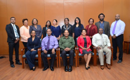 Newly appointed board members of Guyana National Newspapers Ltd (GNNL) and National Communi-cations Network (NCN) pose with Prime Minister Moses Nagamootoo. From left standing are: Sohan Poonai, Margaret Lawrence, Carolyn Walcott, Dhanwanti Sukhdeo, Dr Paloma Mohamed, Karen Davis, Scherazade Ishoof-Khan, Patricia Woolford, Ruel Johnson and Imran Khan.Sitting from left are: CEO of NCN Molly Hassan, NCN - Board of Directors Chair Bishwa Panday, Nagamootoo, GNNL Board of Directors Chair Jean La Rose and Chronicle General Manager Michael Gordon. Missing from photo are: Board Members Bert Wilkinson, Tabitha Sarabo, Mark Archer, Kojo McPherson and Colin Thompson.