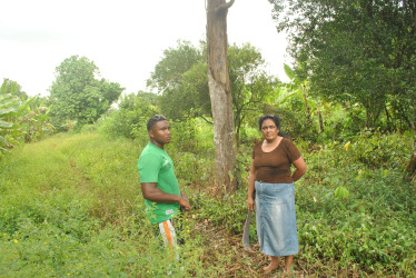 Naomi and one of her sons standing on an overgrown dam