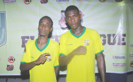 Pele goal scorers Deon Alfred (left) and Jumane Somerset pose for a photo opportunity following their hard-fought win over GFC in the GFF Stag Beer Elite League tournament opener at the Leonora Sports Facility (Orlando Charles photo)