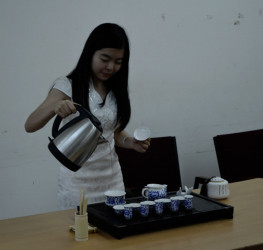 A member of the Confucius institute demonstrates the Chinese art of brewing tea