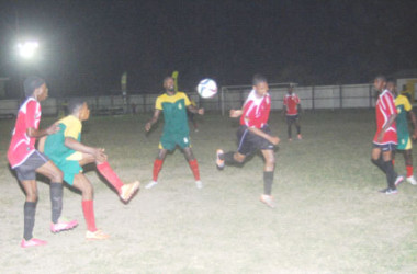 Action between the Guyana Defence Force (GDF) in green and Buxton United at the Tucville Community ground during the GFF Stag Beer Elite League Thursdeay night. 