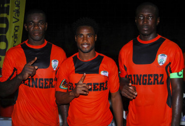 Slingerz FC scorers Dwain Jacobs (left), Vurlon Mills (centre) and Tichard Joseph pose for the camera following their 3-0 win over Berbice unit Monedderlust FC in the GFF Stag Beer Elite League