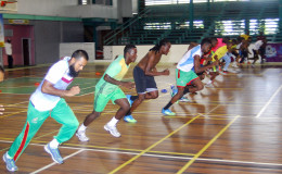 Members of the Guyana Jags pushing it to the limit during yesterday beep tests at the Cliff Anderson Sports Hall.