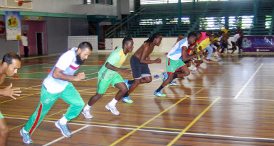 Members of the Guyana Jags pushing it to the limit during yesterday beep tests at the Cliff Anderson Sports Hall. 