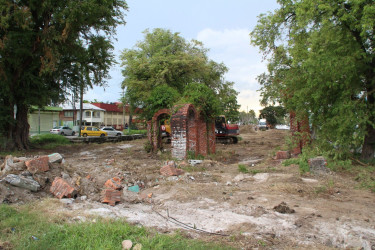 City workers conducting work on the section of the Merriman Mall surrounding the Shirley Field-Ridley Monu-ment. Town Clerk Royston King explained to Stabroek News that the space will become an open air recreational space for children and the elderly.  (Photo by Keno George)