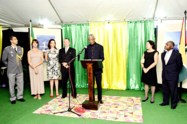 President David Granger as he delivered his address in the presence of First Lady  Sandra Granger (second from right), Guyana’s Minister of Foreign Affairs, Carl Greenidge (right), Brazil’s Ambassador to Guyana, Lineu Pupo De Paula (fourth from right) and others. (Ministry of the Presidency photo)