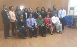 Newly appointed Board members of Guyana National Newspapers Ltd and National Communications Network pose with Prime Minister Moses Nagamootoo and the heads of those agencies this morning. From left standing are: Sohan Poonai, Margaret Lawrence, Carolyn Walcott, Dhanwanti Sukhdeo, Dr Paloma Mohamed, Karen Davis, Scherazade Ishoof-Khan, Patricia Woolford, Ruel Johnson and Imran Khan.
Sitting from left are: CEO of NCN Molly Hassan, NCN – Board of Directors Chair Bishwa Panday, Prime Minister Moses Nagamootoo, GNNL Board of Directors Chair Jean La Rose, Chronicle General Manager Michael Gordon,
Missing from photo are: Board Members Bert Wilkinson, Tabitha Sarabo, Mark Archer, Kojo McPherson and Colin Thompson.
