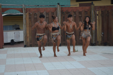 Dancers from St Cuthbert’s Mission performing a native dance at the sod turning ceremony (Photo by Dhanash Ramroop)