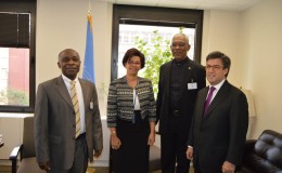President David Granger (second from right) Foreign Affairs Minister, Carl Greenidge (left), Director General of the Ministry of Foreign Affairs, Audrey Waddell and IDB President, Luis Alberto Moreno, following the meeting yesterday in New York.​