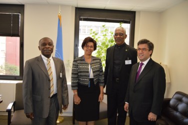 President David Granger (second from right) Foreign Affairs Minister, Carl Greenidge (left), Director General of the Ministry of Foreign Affairs, Audrey Waddell and IDB President, Luis Alberto Moreno, following the meeting yesterday in New York.​