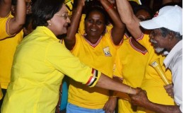 Former PM Kamla Persad-Bissesssar greets her supporters on Tuesday following Monday's General Elections