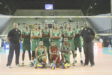 The national men’s volleyball team pose for a photo in Brazil.    