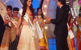 Miss India Guyana Lieve Blanckaert receives the Miss Beautiful Skin Award in Mumbai.
