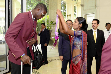 West Indies skipper Jason Holder is garlanded on his arrival in Sri Lanka. (Courtesy of Sri Lanka Cricket Board website) 